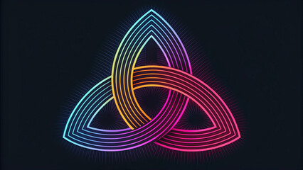 Abstract design with intertwined geometric lines, black background with colorful neons, AI