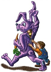 small boy crying as he zips up the back of an adult in an easter bunny costume