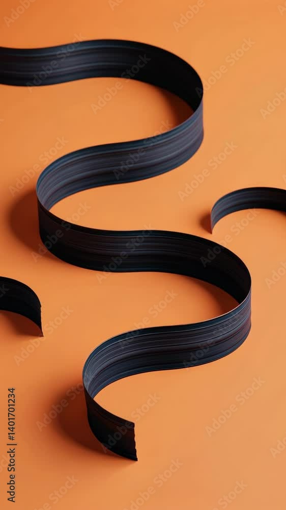 Poster abstract curved black ribbon creating a pattern and texture on vibrant orange seamless backdrop