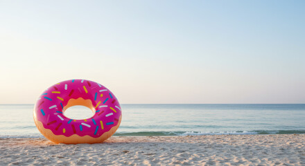 Inflatable pink donut pool float ring colorful summer accessory on sunny tropical beach with clear ocean