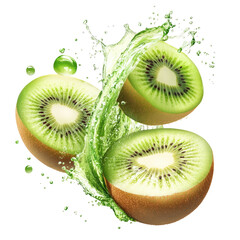 Vibrant and Juicy Whole and Sliced Kiwi with Splash on transparent backround 