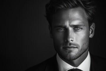 Fototapeta premium Elegant handsome young man in suit with glasses posing confidently in stylish studio fashion portrait