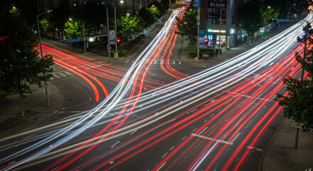 City streets at night with light trails from passing cars creating dynamic movement, energy, and a sense of urban speed and motion.