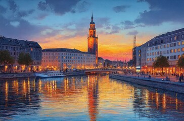 Obraz premium Dusk at the Historic Tower in Kiel Cityscape