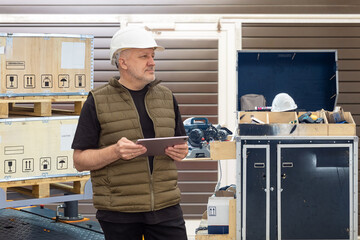 Warehouse manager in a hard hat uses a tablet to check inventory near packed crates and a tool...