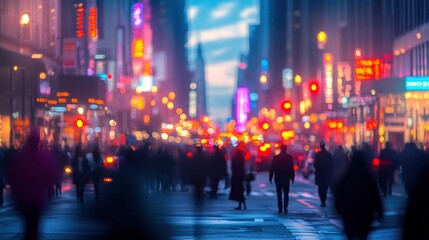 Fototapeta premium Busy city street at dusk with blurred pedestrians and vibrant lights