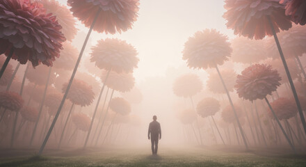 A lone figure walks through a surreal landscape of towering flowers in thick mist, evoking a dreamlike and otherworldly atmosphere.