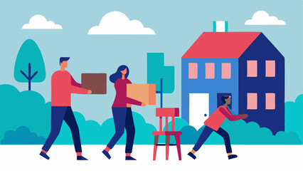 Furniture Exchange Individuals carry a chair and a small table towards their homes with a lively neighborhood in the background.