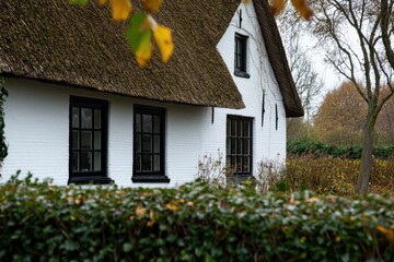 Charming white cottage with thatched roof surrounded by autumn foliage located in a serene countryside setting during a cloudy day