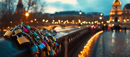 Parisian bridge locks at dusk, city lights blurred background