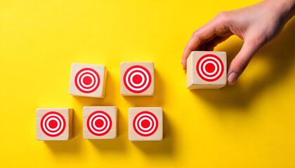 a hand holding a red and white target icon, yellow background, minimal, simple, geometric shapes,...