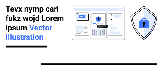 Interactive dashboard showcasing media and analytical tools, paired with a secure shield icon. Ideal for data protection, cybersecurity, analytics, privacy, online tools, tech solutions, flat landing