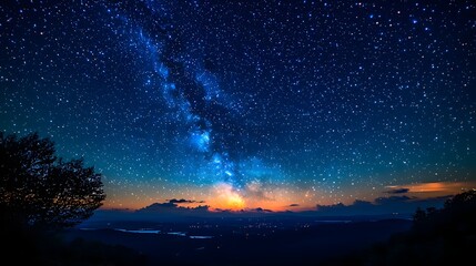 Fototapeta premium starry sky with a bright orange glow and a tree in the foregroun
