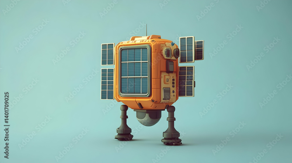 Poster orange pixel art robot model with solar panels on light blue background geometric voxel style struct
