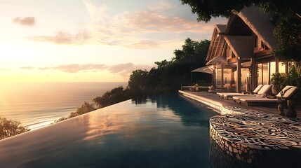 Fototapeta premium Stunning tropical resort with infinity pool overlooking calm ocean at sunset, surrounded by lush greenery and distant clouds