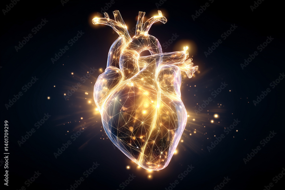 Poster digital representation of a glowing human heart in a dark background with luminous lines and sparks