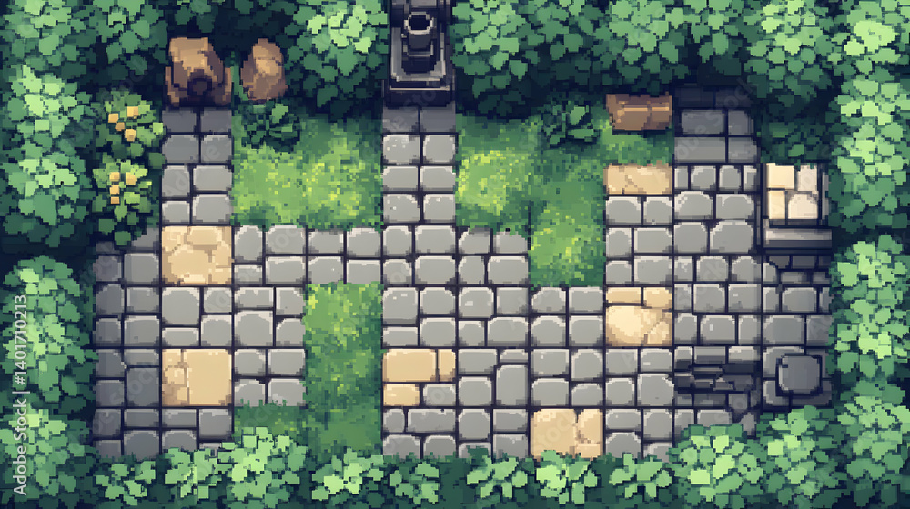 Poster Overhead View of Stone Pathway with Patches of Grass and Trees in a Top Down Perspective