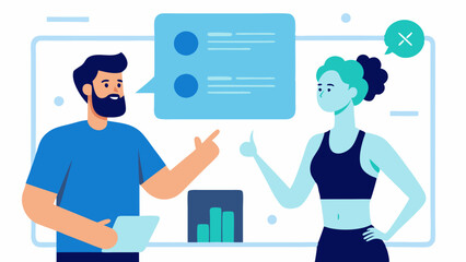 Trainer and Client with Data Screen A personal trainer pointing at a digital screen displaying genetic information while discussing fitness strategies with a client.