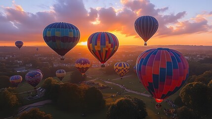 Naklejka premium several hot air balloons flying over a lush green field at sunse