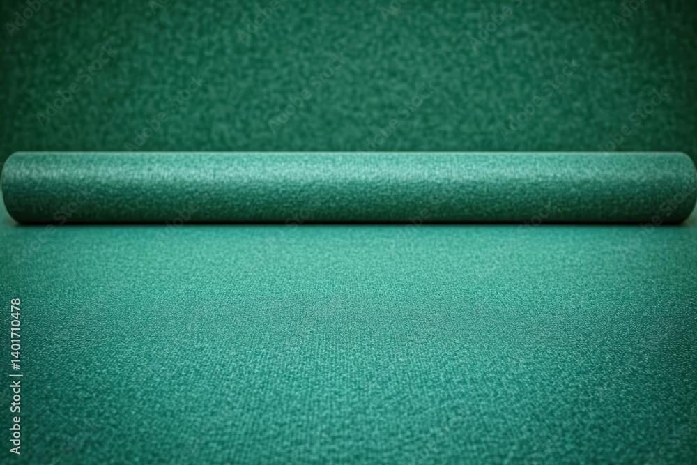 Poster a close-up view of a green table featuring a roll of fabric on its surface.