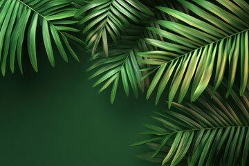 Obraz premium A close-up of a vibrant green palm leaf against a dark green backdrop.