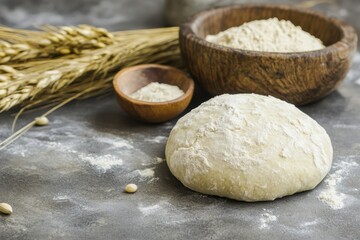 Fototapeta premium Dough, wheat, and flour arranged on a table, ready for baking.
