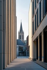 Naklejka premium In the vibrant urban alley of a European city, contemporary architecture stands in striking contrast to the historic church tower, beautifully illuminated by the warm glow of late afternoon light