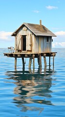 Rustic fishing hut on stilts over calm water