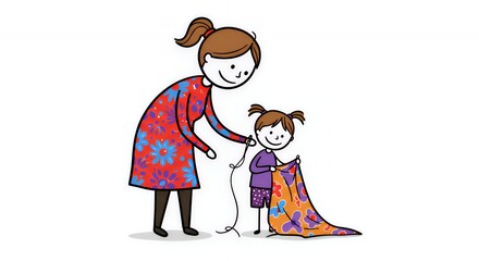 Colorful Stick Figures Mother and Child Sewing Project on White Background