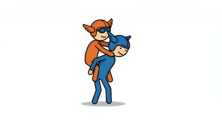 Colorful Stick Figures Piggyback Ride with Pilot Helmets and Wings on White Background