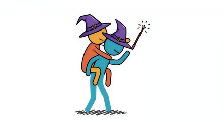 Obraz premium Colorful Stick Figures Piggyback Ride with Wizard Hats and Wands