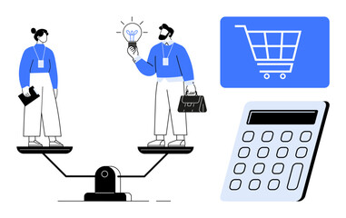 Two professionals balanced on a scale, holding work-related items and ideas, shopping cart icon, and large calculator. Ideal for balance, decision-making, business strategy, commerce, equality
