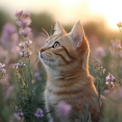 A cat sits in the grass, gazing upward with curiosity and alertness.