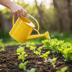 A woman watering young seedlings growing in a raised wooden garden bed.