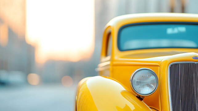 Fototapeta Yellow Classic Car in City at Sunset