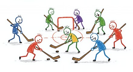 Obraz premium Colorful Stick Figures Playing Hockey on White Background