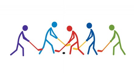 Colorful Stick Figures Playing Hockey on White Background