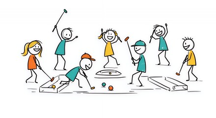 Naklejka premium Colorful Stick Figures Playing Mini Golf on White Background