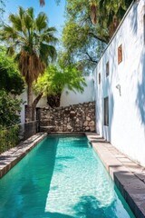 A peaceful swimming pool is nestled in a serene courtyard, surrounded by vibrant lush greenery and basking under the warm glow of bright sunlight