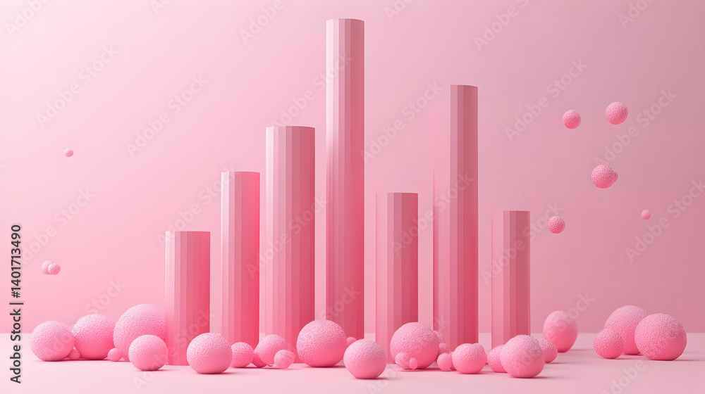 Poster pink cylindrical columns and spherical clusters in a soft pastel monochrome setting with modern abst