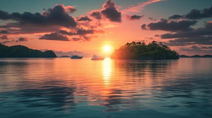 Obraz premium Serene sunset over a tropical archipelago with yachts at anchor.