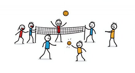 Colorful Stick Figures Playing Minivolleyball on White Background