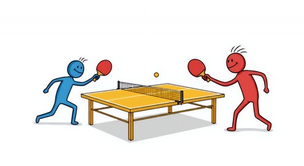Colorful Stick Figures Playing Ping Pong on White Background
