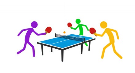 Colorful Stick Figures Playing Table Tennis on White Background