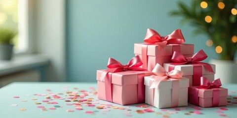 A delightful arrangement of pink and white gift boxes adorned with elegant ribbons, scattered amidst colorful confetti on a pastel surface.