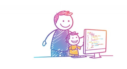 Obraz premium Colourful Stick Figure Dad and Child Coding on White Background