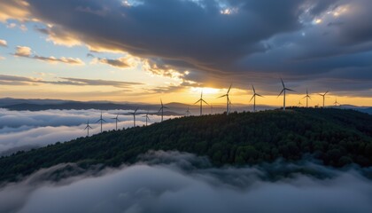 Obraz premium Harnessing wind energy aerial view of wind turbines at sunset mountainous landscape natural environment serene atmosphere