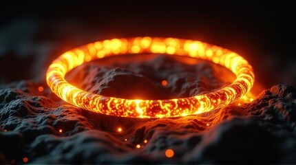 Glowing orange ring with magical energy on rocky surface at night.