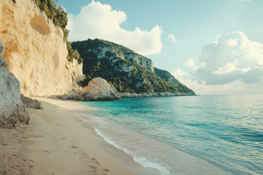 A man walks on the beach carrying a surfboard under the sun.