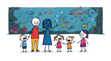 Colourful Stick Figure Family Aquarium Visit Illustration